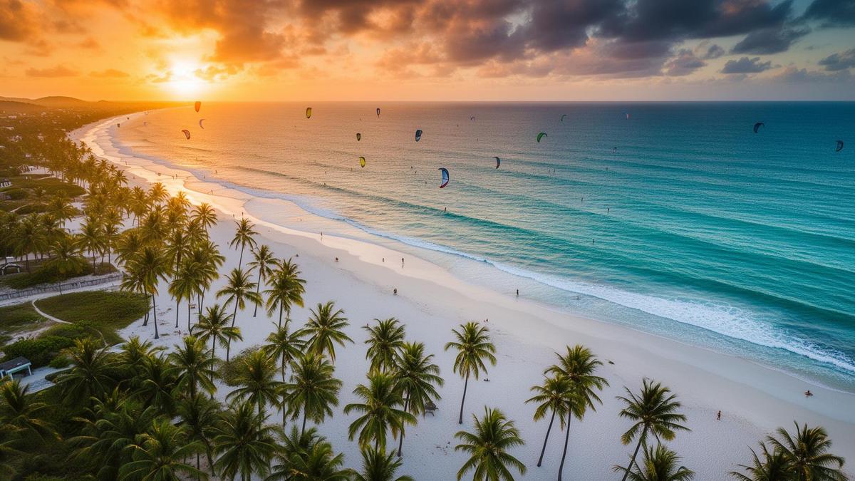Vista aérea da Praia de Guajiru ao pôr do sol